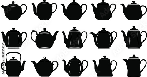 “Elegant teapot silhouette collection showcasing diverse classic, vintage, and modern kettle shapes, ideal for kitchen decor designs, tea-themed artwork, and detailed vector illustrations”