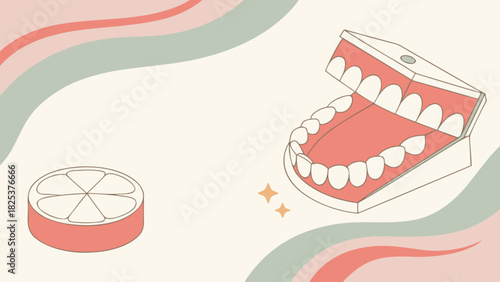 Open mouth model with white teeth and a round citrus fruit on a light colored background design