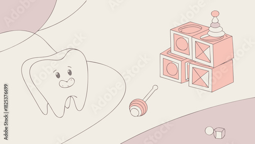 Illustration of a tooth character with toys including blocks and a rattle on a light background