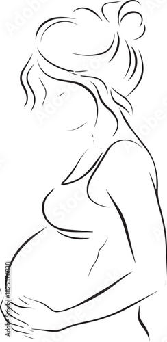 Maternal Serenity: A delicate line drawing captures the beauty of pregnancy, showcasing a tender moment of self-connection and anticipation.