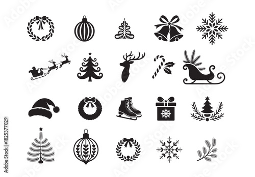 Christmas icon set, festive holiday silhouette vector art bundle.