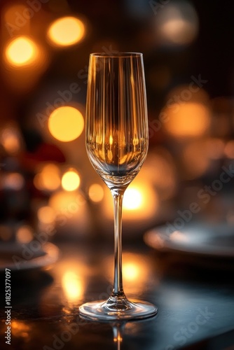 Wallpaper Mural empty champagne flute on a reflective table with warm candlelight bokeh and cozy romantic atmosphere Torontodigital.ca