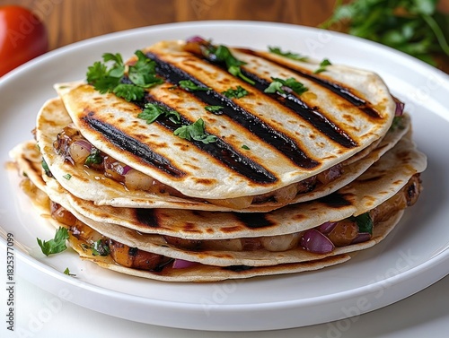 Wallpaper Mural stack of grilled tortillas stuffed with melted cheese, sautéed red onions and herbs with charred grill marks and cilantro garnish on a white plate, warm and appetizing Torontodigital.ca