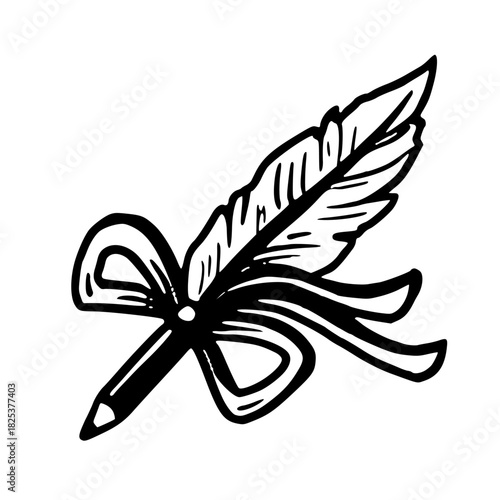 Fountain pencil with feather and bow vector illustration in doodle sketch style hand drawn outline in black and white. Simple art for stationery design. Great for romantic card and writing concept.
