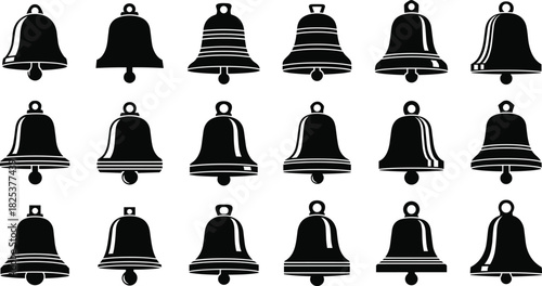 Classic bell silhouette collection featuring traditional ringing icons, vintage metal bell shapes, decorative holiday elements, detailed vector illustration set for festive design and graphic projects