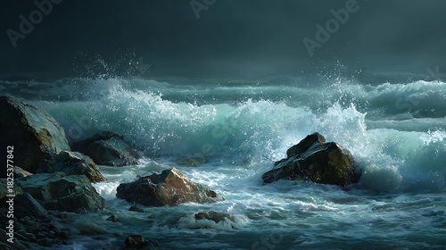 Ocean's Embrace Waves Crashing Against Coastal Rocks Under Gloomy Skies