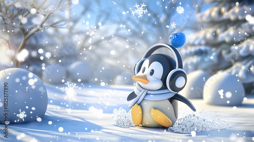 3D cute cartoon penguin wearing a scarf and earmuffs