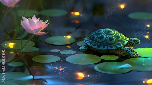 3D happy cartoon turtle with a patterned shell floating