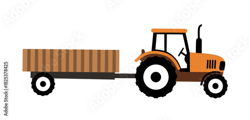 A flat style illustration of an orange tractor pulling a trailer. The tractor and trailer are depicted in a simple, graphic style, isolated on a clean white background. Ideal for agriculture, farming