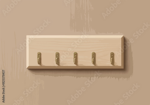 Wooden key rack with five brass hooks mounted on a beige wall