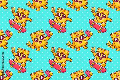happy wallet character seamless pattern illustration background 