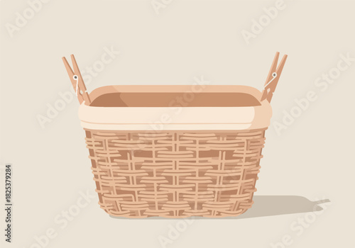 Woven basket with cloth lining and two wooden clothespins attached to the rim