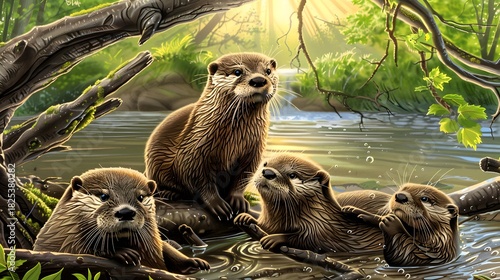 Playful family of otters swimming and splashing in a river