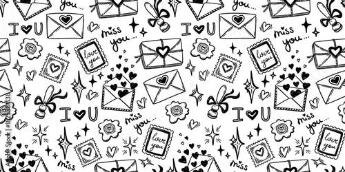Love letter seamless pattern with envelope and stamp in doodle sketch style. Black and white hand drawn line art with simple elements. Ideal for Valentines Day design or romantic card background.