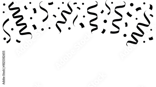 Black Confetti and Streamers Falling on White Background