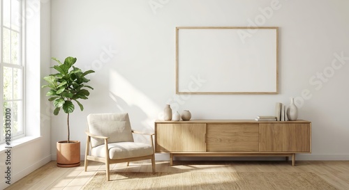 Natural Wood & White Minimalist Living Room Mockup