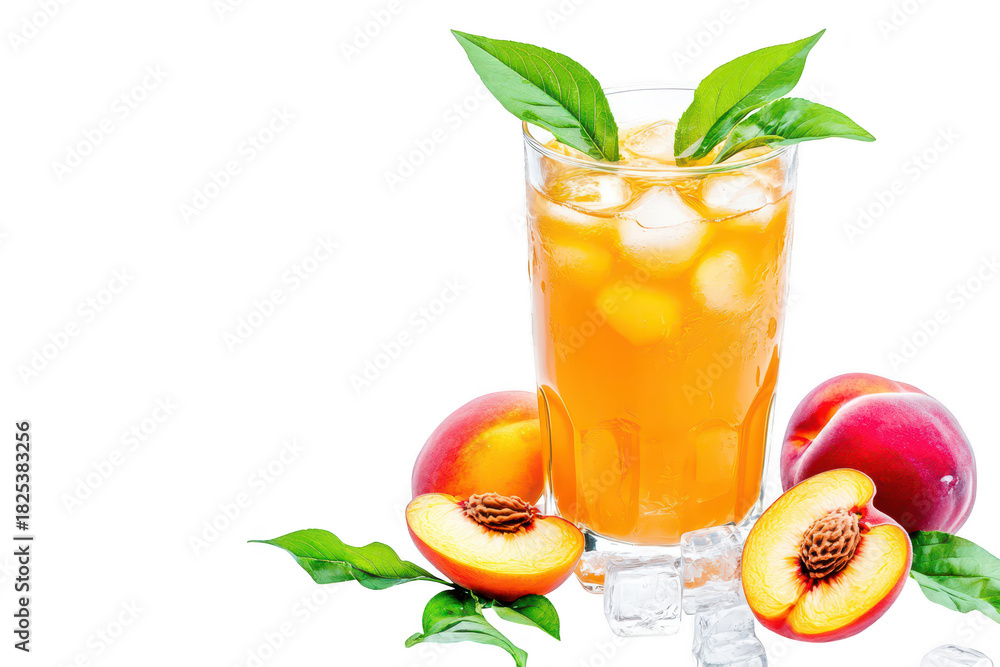 Fototapeta premium Refreshing peach iced tea with fresh peach slices and basil leaves. served in a tall glass with ice. on a clean white background. ideal for summer beverage promotions