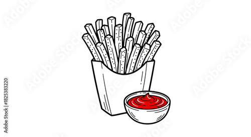 A hand-drawn illustration features french fries in a paper container next to a small bowl of red ketchup, ideal for fast food, snack, and restaurant menus.