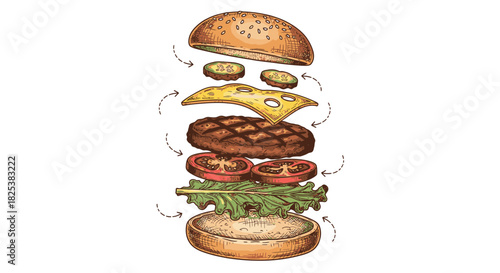 A beautifully hand-drawn illustration showcases the delicious individual components of a classic hamburger, meticulously separated to highlight each fresh ingredient.