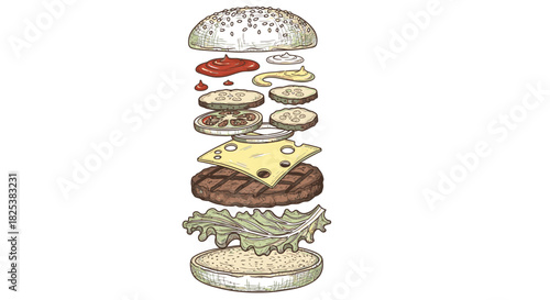 A captivating vintage-style illustration showcases a delicious deconstructed burger with all its classic ingredients dynamically floating apart, ready for assembly.