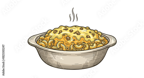 A delicious, steaming bowl of classic macaroni and cheese, featuring elbow pasta smothered in rich, creamy cheddar sauce, topped with savory crumbs, perfect for a comforting meal.