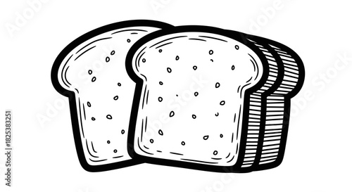 An appealing black and white line art illustration featuring multiple slices of classic white bread, perfect for breakfast or lunch.