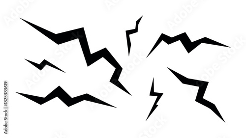 Set of Black Jagged Lightning Bolt Shapes on White Background