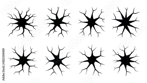 Eight Black Radial Crack Patterns on White Background