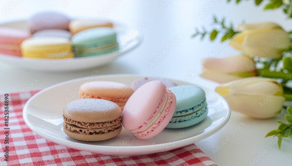 Obraz premium Colorful Macarons on White Plate A Sweet Treat Delight