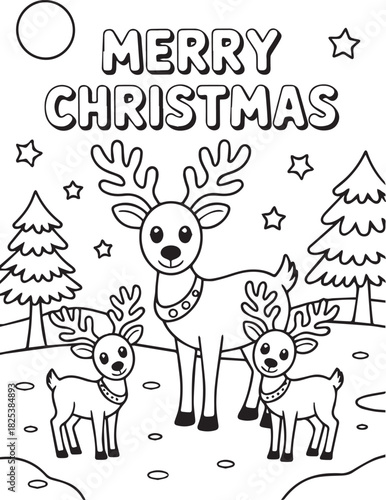Three cute reindeer stand joyfully amid Christmas trees under a Merry Christmas heading