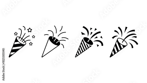 Four Black Icons Of Party Poppers Exploding Confetti