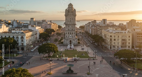 Panoramic view of Plaza Independencia and Palacio Salvo in Montevideo Uruguay South America