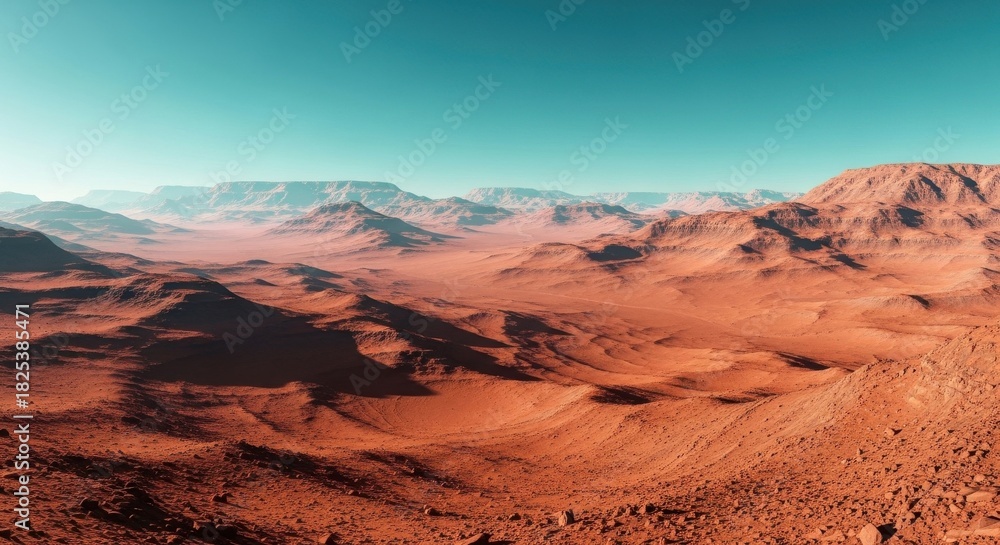 Naklejka premium Vast, arid martian landscape panorama featuring rugged, reddishorange mountains and valleys under a bright cyanblue sky, suggesting an alien or desert planet surface