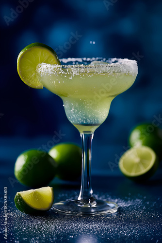 A refreshing margarita cocktail garnished with lime slices, perfect for summer parties and celebrations.