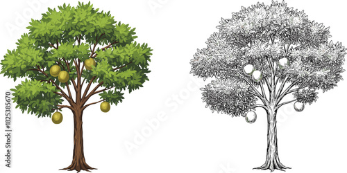 Mango fruit tree with green foliage and detailed branches, organic harvest illustration, tropical agriculture design, cad drawing flat vector illustration