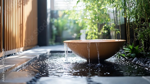 Zen Garden Water Feature with Bamboo and Wooden Fence Image