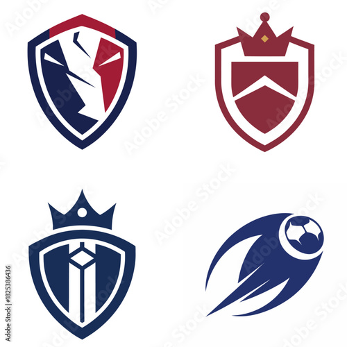 Various sport emblems and club crests, featuring a soccer ball in motion design