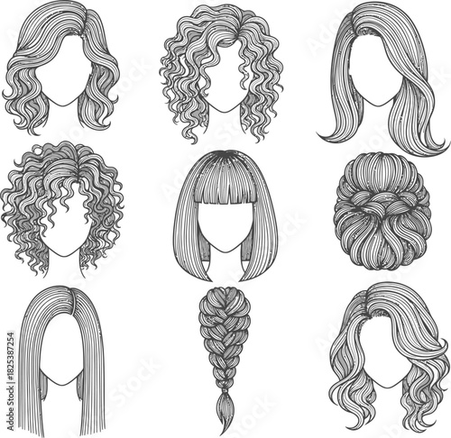 Collection of nine stylized black and white illustrations of diverse women s hairstyles showcasing curly and straight textures