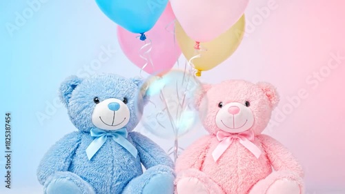 Two plush teddy bears, one blue, one pink, with balloons and ribbon in a studio setting
