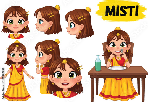 Cute cartoon girl character named misti in various poses and expressions dressed in traditional indian attire with a yellow outfit and green accents smiling