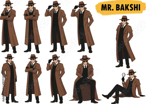 Collection of vintage detective characters in trench coats and fedora hats in various poses and actions