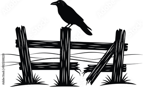 Crow on Broken Fence in Field – Black and White Silhouette Vector Art