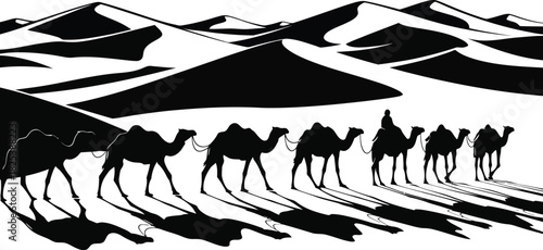 Camel Caravan Crossing Desert Dunes – Black and White Silhouette Vector Art