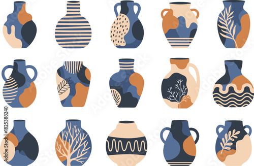 Collection of diverse abstract ceramic vases and pottery with organic patterns and earthy color palette