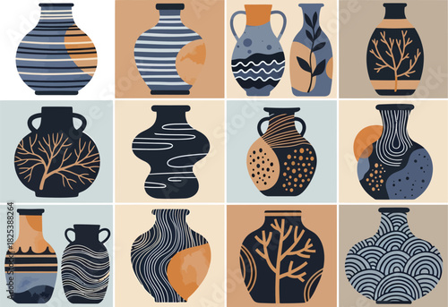 Collection of twelve unique decorative ceramic vases with abstract patterns and organic motifs in earthy tones and blue hues