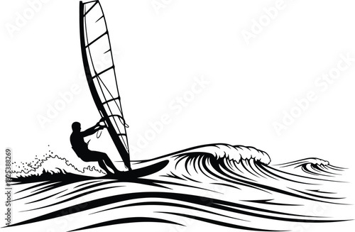Windsurfer Gliding on Ocean Waves – Black and White Silhouette Vector Art