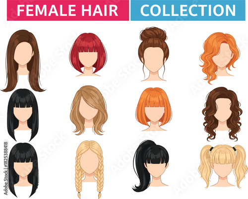 Diverse collection of modern female hairstyles and haircuts showcasing various colors and styles for women