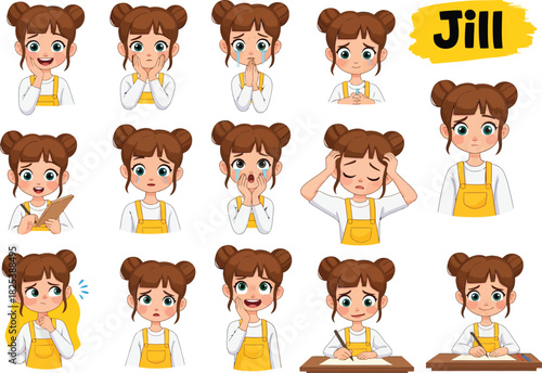 Collection of diverse cartoon girl jill expressions showing emotions like happiness sadness anger surprise and confusion