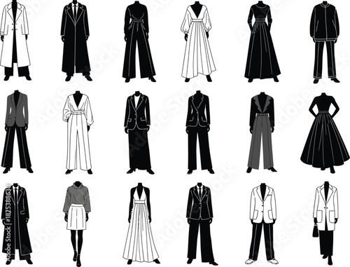 Collection of abstract black and white fashion sketches showcasing diverse elegant silhouettes and modern garment designs