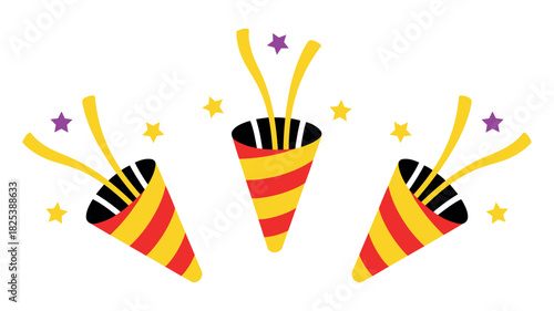 Three Colorful Party Poppers with Stars and Streamers 